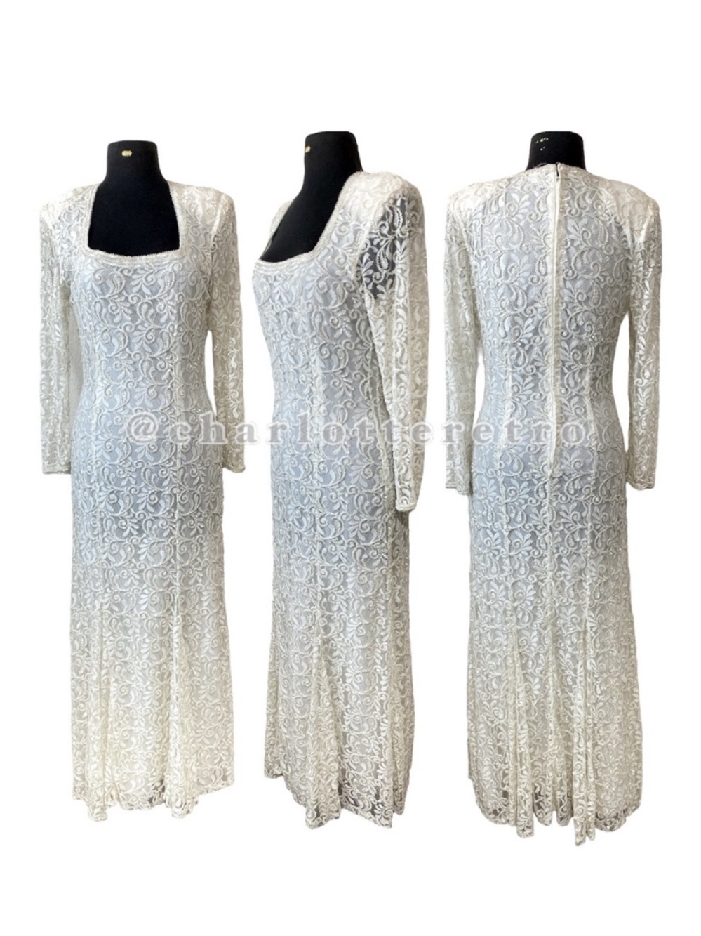 vtg SCALA White Lace Beaded Gown